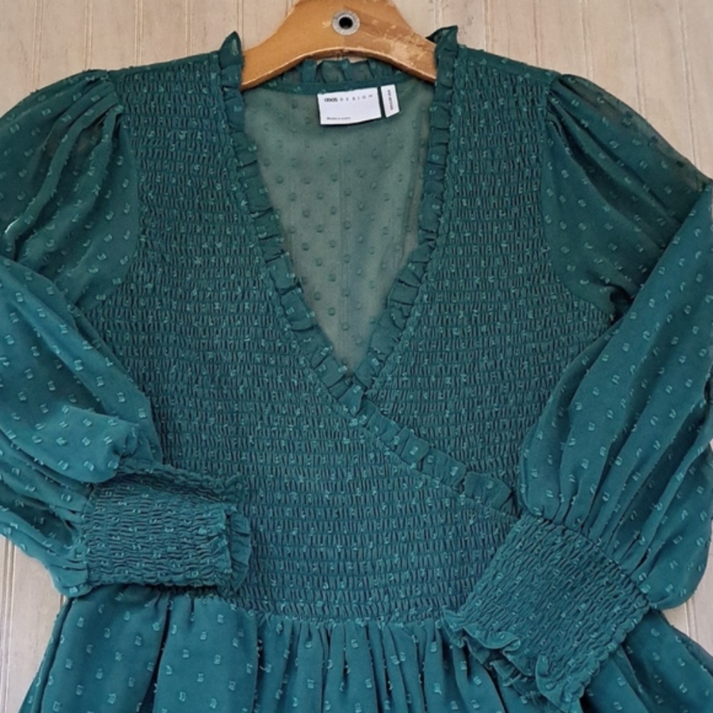 ASOS Design Emerald Green Smocked Ruffles Maxi Dress Flowy Feminine Puff Sleeves - Picture 10 of 14